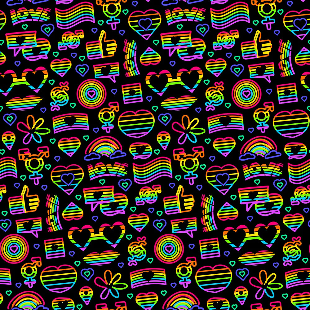 Seamless pattern with colorful rainbow-themed symbols, including hearts, peace signs, flowers, and gender symbols, on a black background.