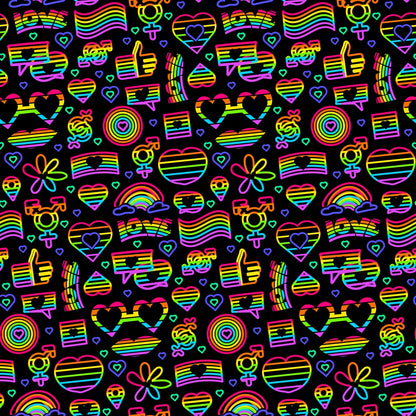 Seamless pattern with colorful rainbow-themed symbols, including hearts, peace signs, flowers, and gender symbols, on a black background.