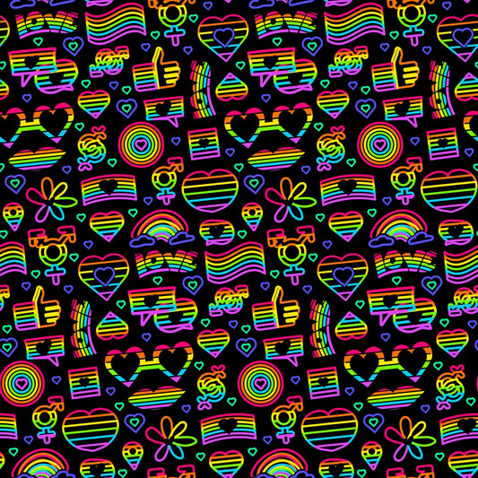 Seamless pattern with colorful rainbow-themed symbols, including hearts, peace signs, flowers, and gender symbols, on a black background.