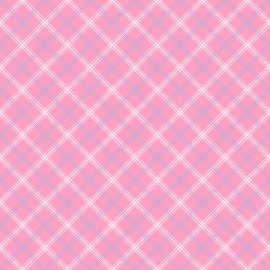 A pink and white plaid pattern with intersecting lines forming a crisscross design on a square canvas.