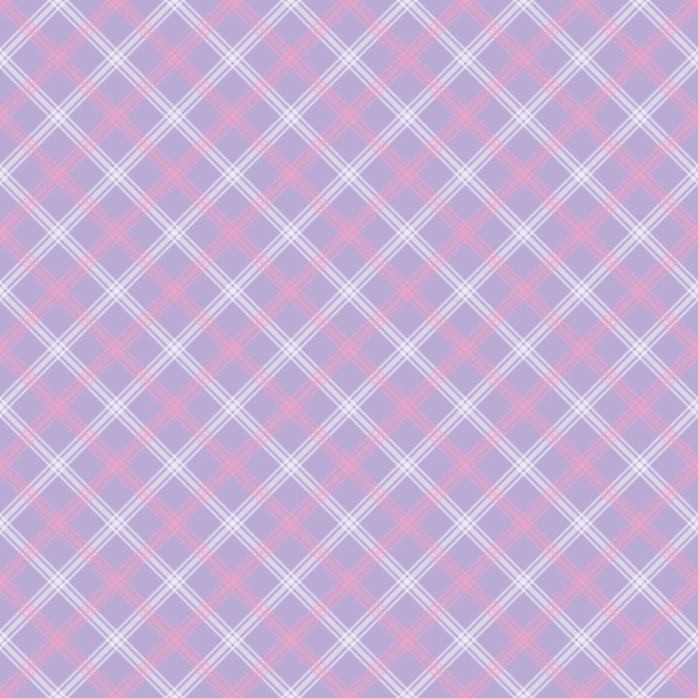 Plaid pattern with intersecting diagonal lines in pink, lavender, and white, creating a crisscross design.