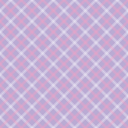 Plaid pattern with intersecting diagonal lines in pink, lavender, and white, creating a crisscross design.