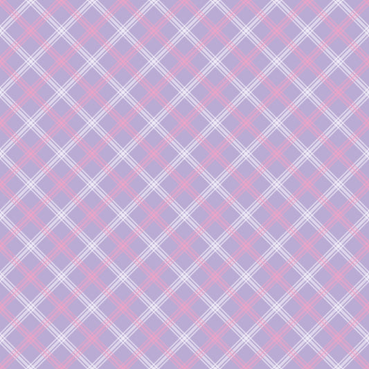 Plaid pattern with intersecting diagonal lines in pink, lavender, and white, creating a crisscross design.