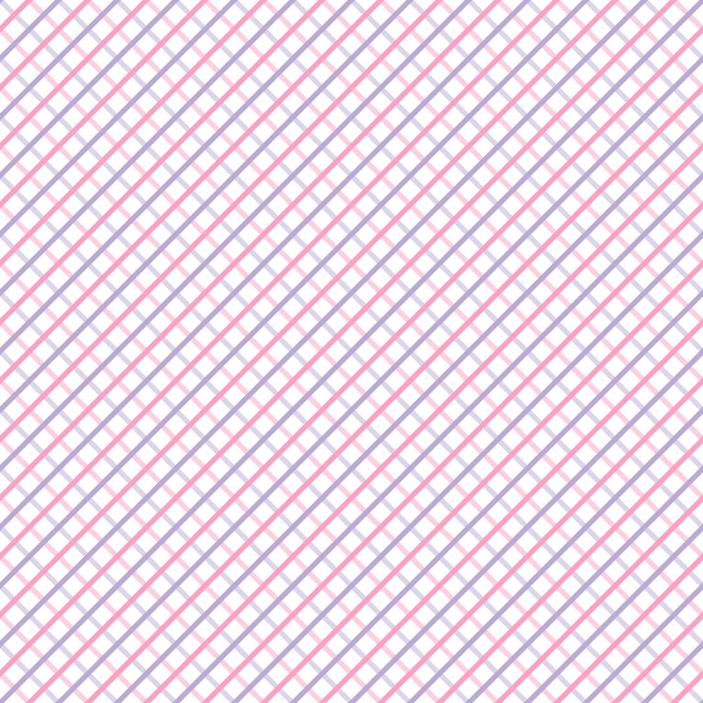 A diagonal plaid pattern with repeating pink and purple lines on a white background.