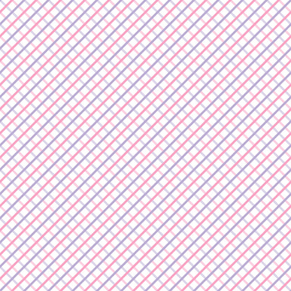 A diagonal plaid pattern with repeating pink and purple lines on a white background.