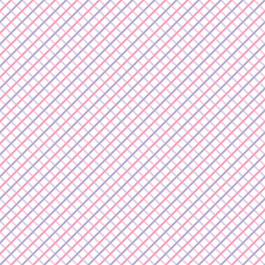 A diagonal plaid pattern with repeating pink and purple lines on a white background.