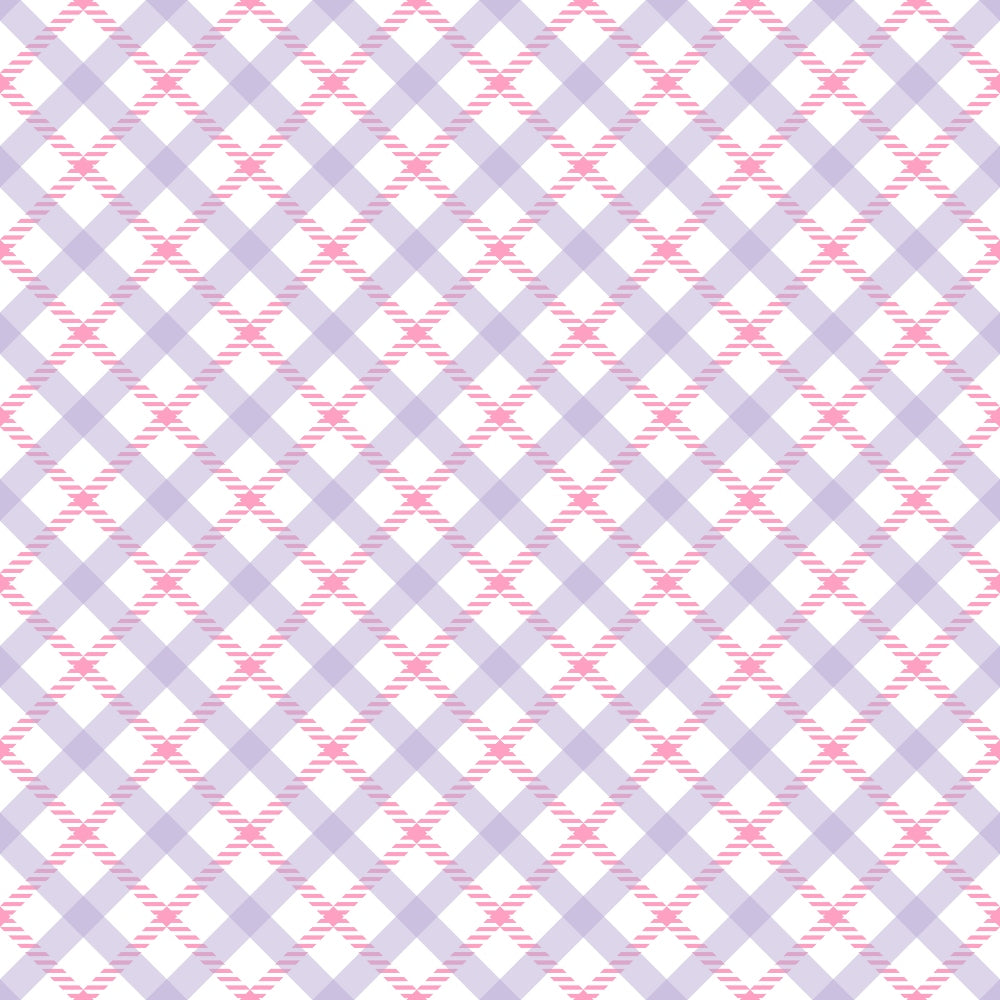 Pattern of alternating light purple and pink plaid squares on a white background.