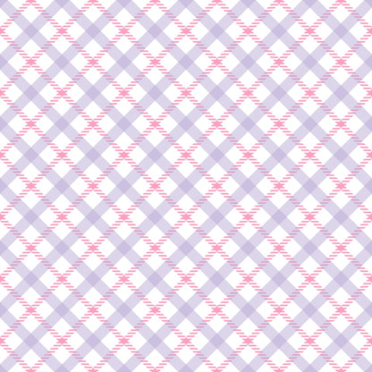 Pattern of alternating light purple and pink plaid squares on a white background.