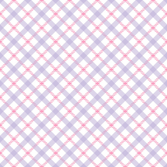 Pattern of alternating light purple and pink plaid squares on a white background.