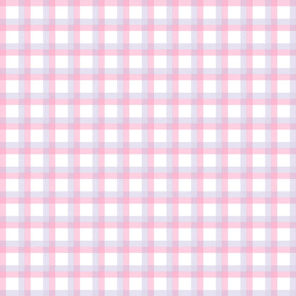 A seamless pink and white plaid pattern with thin blue lines on a blank background.