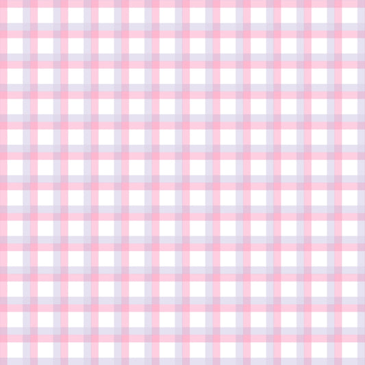 A seamless pink and white plaid pattern with thin blue lines on a blank background.