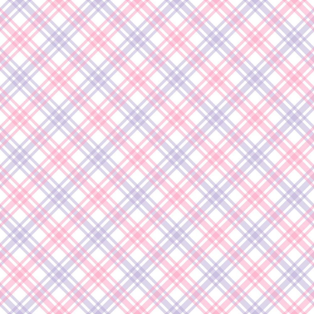 A checkered pattern with intersecting pink, purple, and white diagonal lines forming a plaid design on a light background.