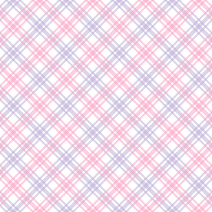 A checkered pattern with intersecting pink, purple, and white diagonal lines forming a plaid design on a light background.