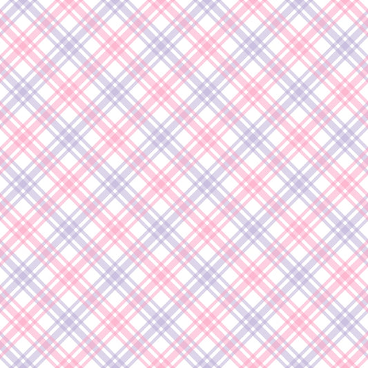 A checkered pattern with intersecting pink, purple, and white diagonal lines forming a plaid design on a light background.