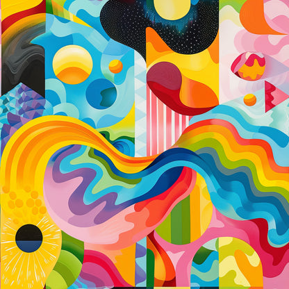 psychedelic, abstract art, rainbow colors, swirling patterns, geometric shapes, fluid forms, vibrant hues, yellow, orange, pink, blue, green, purple, red, curved lines, organic shapes, retro style, 1960s inspired, groovy patterns, kaleidoscope design, cotton fabric, quilting panel, modern art, contemporary design, flowing waves