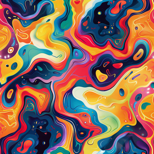 psychedelic, abstract swirls, vibrant colors, orange, yellow, blue, red, purple, teal, flowing patterns, liquid marble, organic shapes, retro art, groovy design, quilting cotton, fabric panel, fluid motion, colorful waves, artistic print, modern abstract