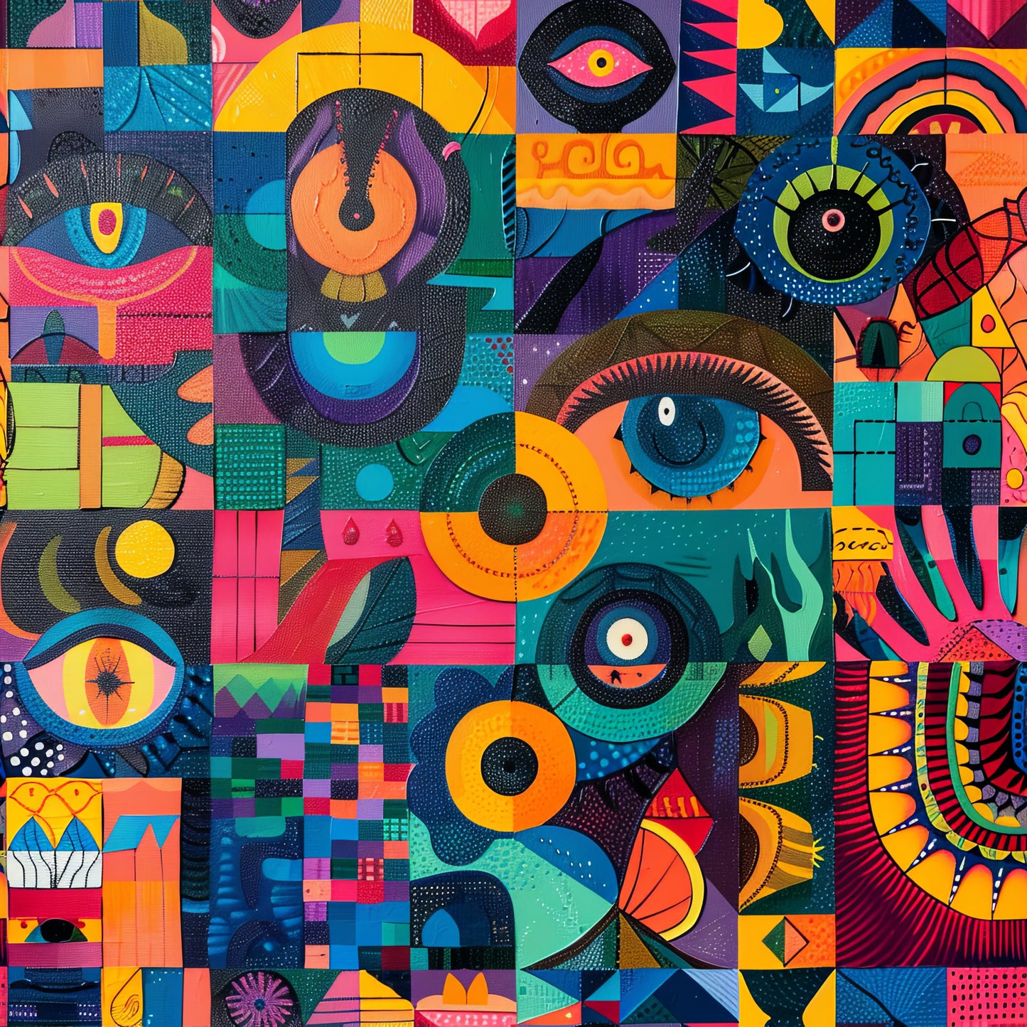 psychedelic, abstract art, geometric shapes, vibrant colors, eyes motif, circular patterns, patchwork design, quilting cotton, fabric panel, rainbow colors, orange, purple, teal, pink, yellow, blue, modern art style, kaleidoscope effect, mixed media appearance, artistic blocks