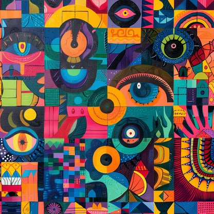 psychedelic, abstract art, geometric shapes, vibrant colors, eyes motif, circular patterns, patchwork design, quilting cotton, fabric panel, rainbow colors, orange, purple, teal, pink, yellow, blue, modern art style, kaleidoscope effect, mixed media appearance, artistic blocks