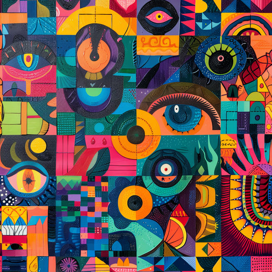 psychedelic, abstract art, geometric shapes, vibrant colors, eyes motif, circular patterns, patchwork design, quilting cotton, fabric panel, rainbow colors, orange, purple, teal, pink, yellow, blue, modern art style, kaleidoscope effect, mixed media appearance, artistic blocks