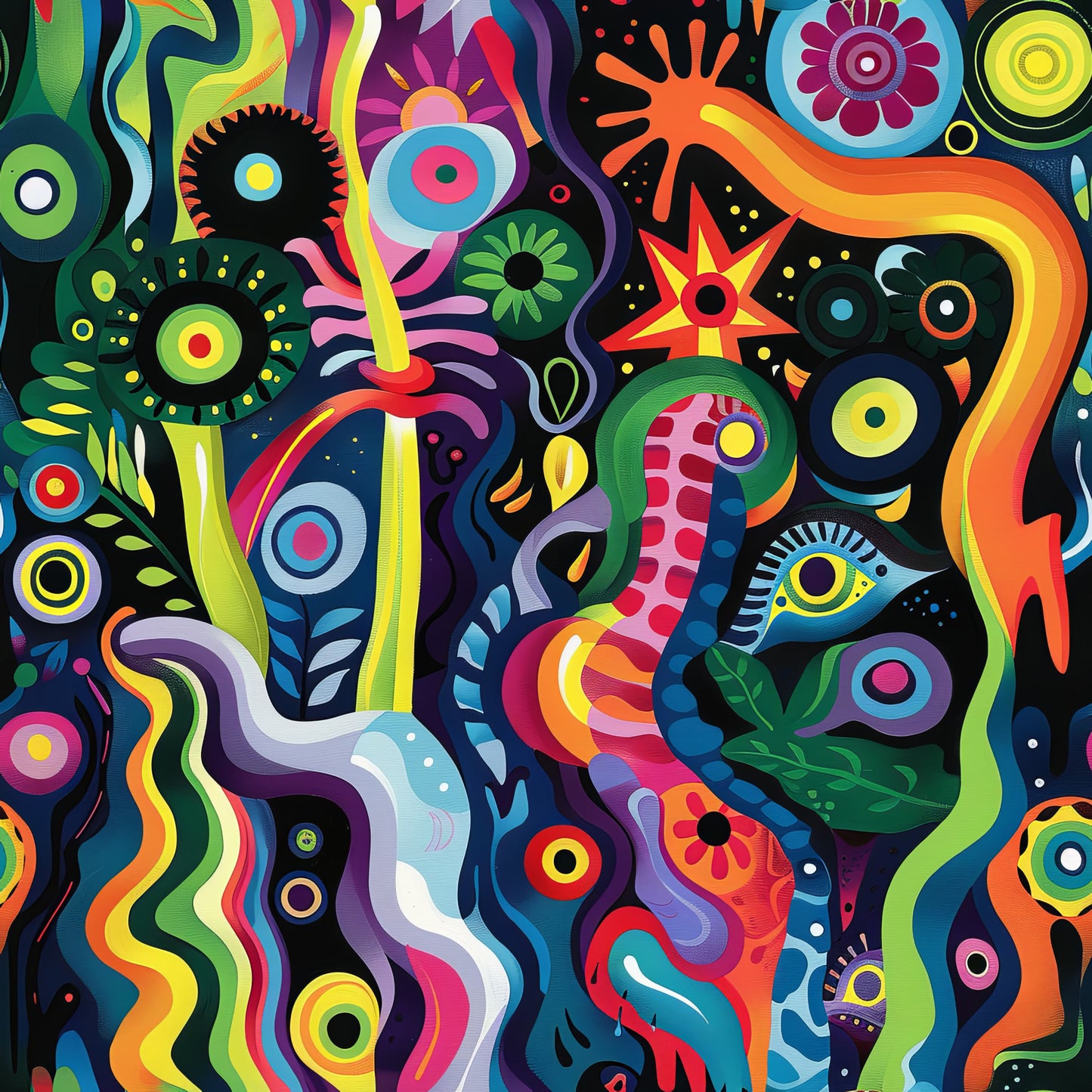 psychedelic, abstract art, vibrant colors, rainbow swirls, flowing patterns, circular motifs, eye designs, floral elements, geometric shapes, neon bright, electric colors, groovy style, 1960s inspired, kaleidoscope effect, wavy lines, cotton fabric, quilting panel, retro aesthetic, colorful swirls, modern art