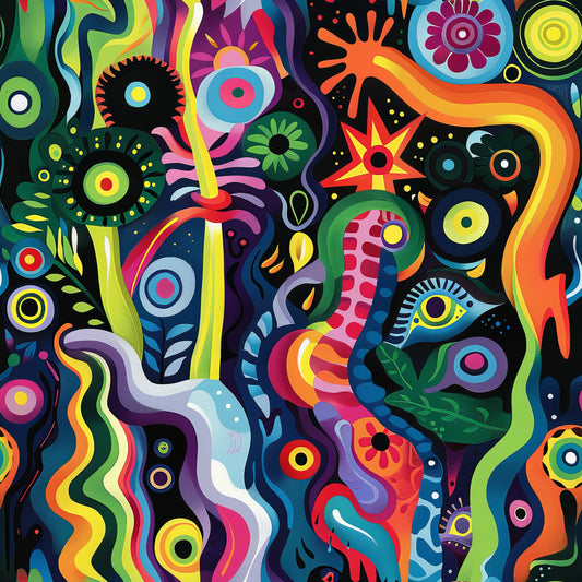 psychedelic, abstract art, vibrant colors, rainbow swirls, flowing patterns, circular motifs, eye designs, floral elements, geometric shapes, neon bright, electric colors, groovy style, 1960s inspired, kaleidoscope effect, wavy lines, cotton fabric, quilting panel, retro aesthetic, colorful swirls, modern art