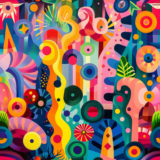 psychedelic, vibrant colors, abstract patterns, geometric shapes, circles, swirls, rainbow hues, retro style, groovy design, mod art, kaleidoscope effect, bright orange, electric blue, hot pink, lime green, yellow, purple, quilting cotton, fabric panel, contemporary art, optical illusion