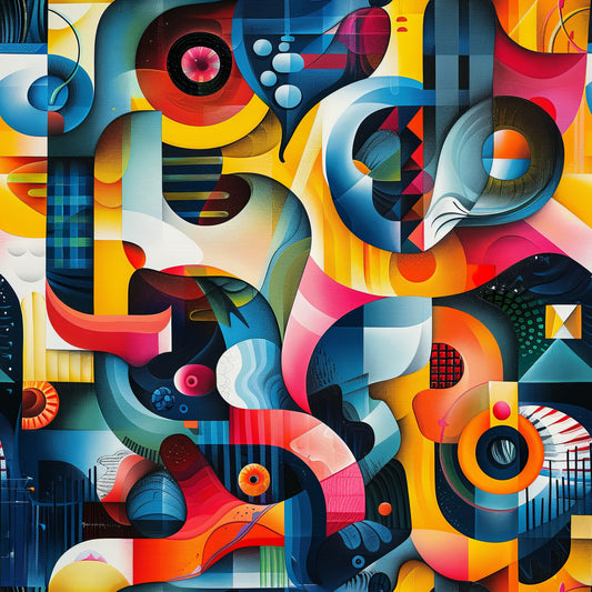 psychedelic, abstract art, geometric shapes, vibrant colors, blue, orange, yellow, red, pink, turquoise, circles, curves, swirls, modernist style, retro design, optical illusion, kaleidoscope effect, quilting cotton, fabric panel, contemporary art, artistic pattern, colorful composition