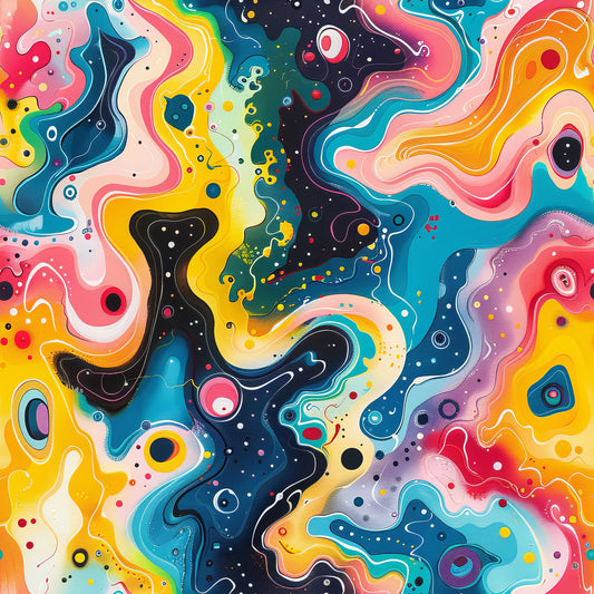 psychedelic, abstract, swirling, fluid, rainbow colors, vibrant, multicolored, flowing shapes, liquid patterns, cosmic, surreal, modern art, contemporary, quilting cotton, fabric panel, organic forms, marbled effect, kaleidoscope, wavy lines, colorful circles