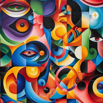 psychedelic, abstract art, geometric shapes, vibrant colors, orange, blue, purple, red, yellow, green, swirling patterns, eyes motif, cubist style, modern art, quilting cotton, fabric panel, artistic design, colorful circles, dynamic composition, contemporary pattern