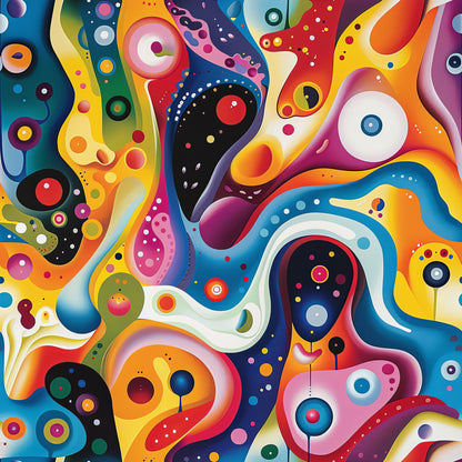 psychedelic, abstract art, vibrant colors, rainbow hues, swirling patterns, circular motifs, flowing shapes, retro style, groovy design, multicolored, orange, blue, pink, yellow, purple, red, geometric circles, organic forms, quilting cotton, fabric panel, mod art, kaleidoscope effect, eye patterns, bubble designs, fluid movement