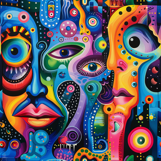 psychedelic art, abstract faces, vibrant colors, electric blue, hot pink, lime green, orange, purple, surreal eyes, geometric patterns, swirls, circles, dots, contemporary art, modern design, quilting cotton, fabric panel, trippy style, kaleidoscope effect, neon colors, cosmic theme