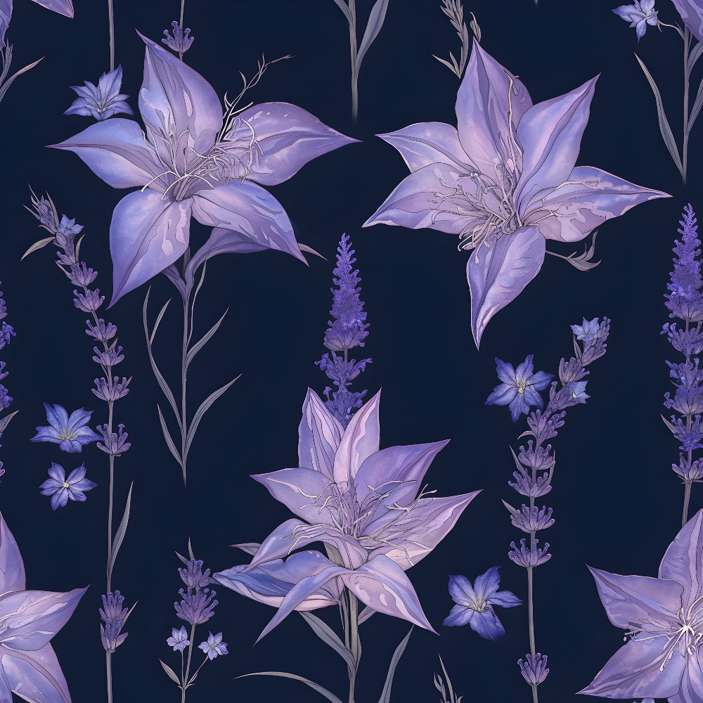 Pattern of various purple and lavender flowers and leaves on a dark background.