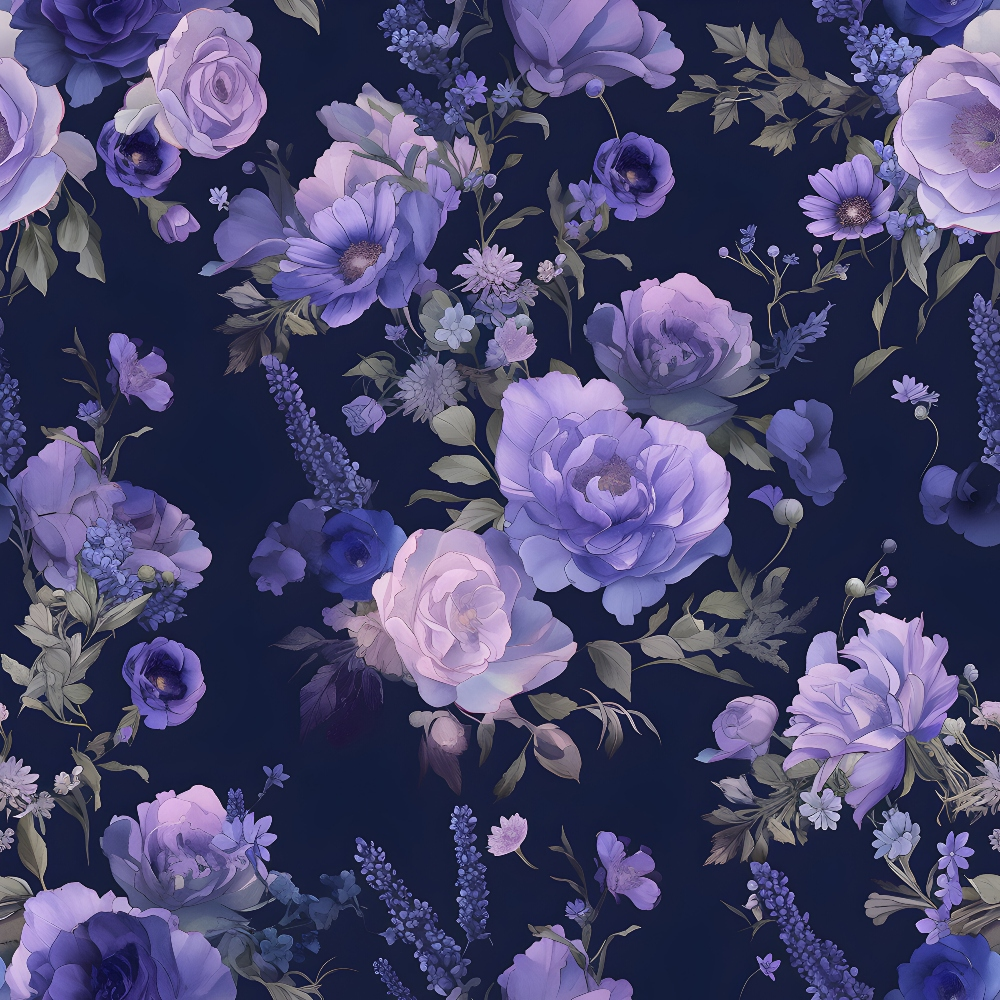 Pattern of purple and pink flowers with green leaves on a dark blue background.