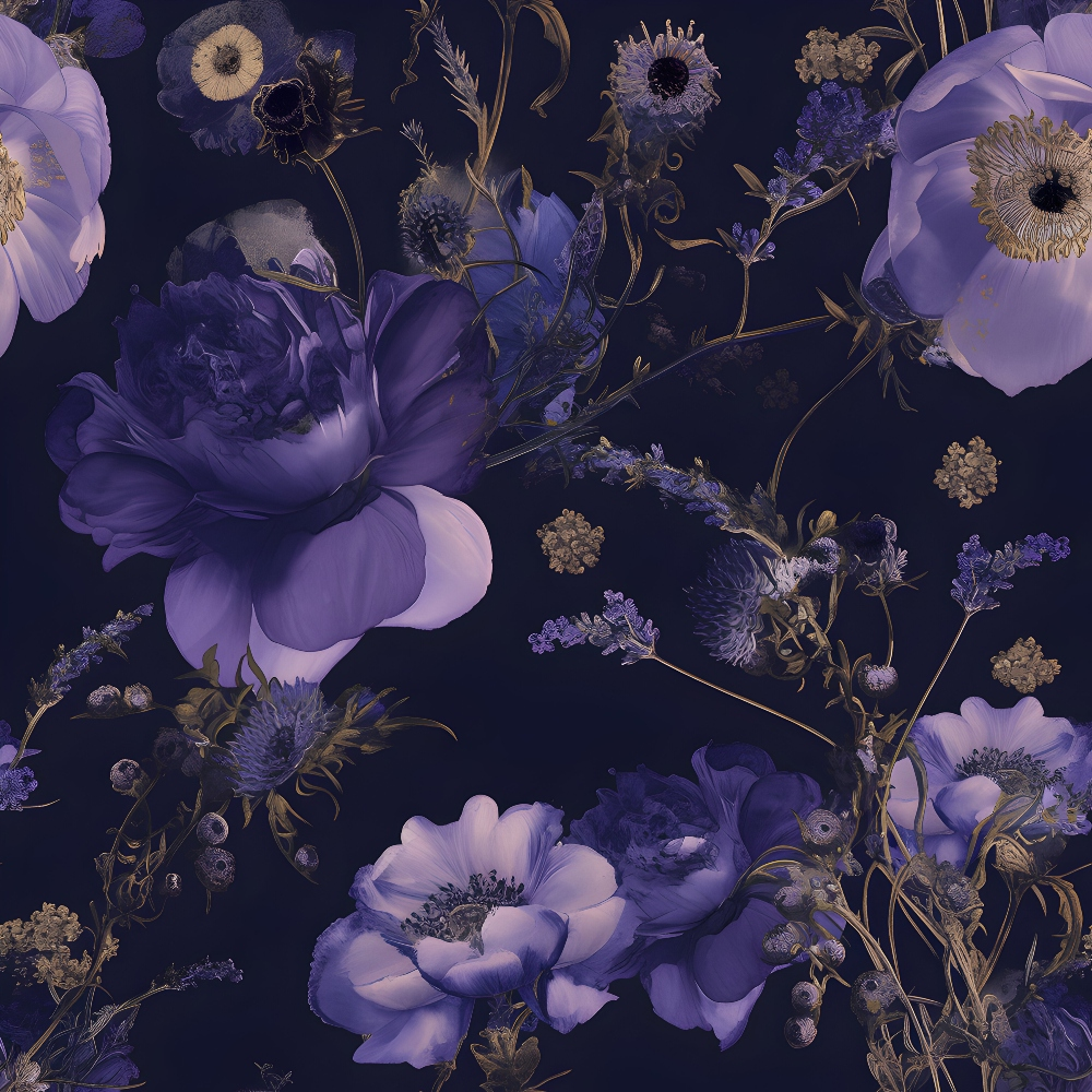 Illustrated floral pattern featuring purple and beige flowers with green stems on a dark background.