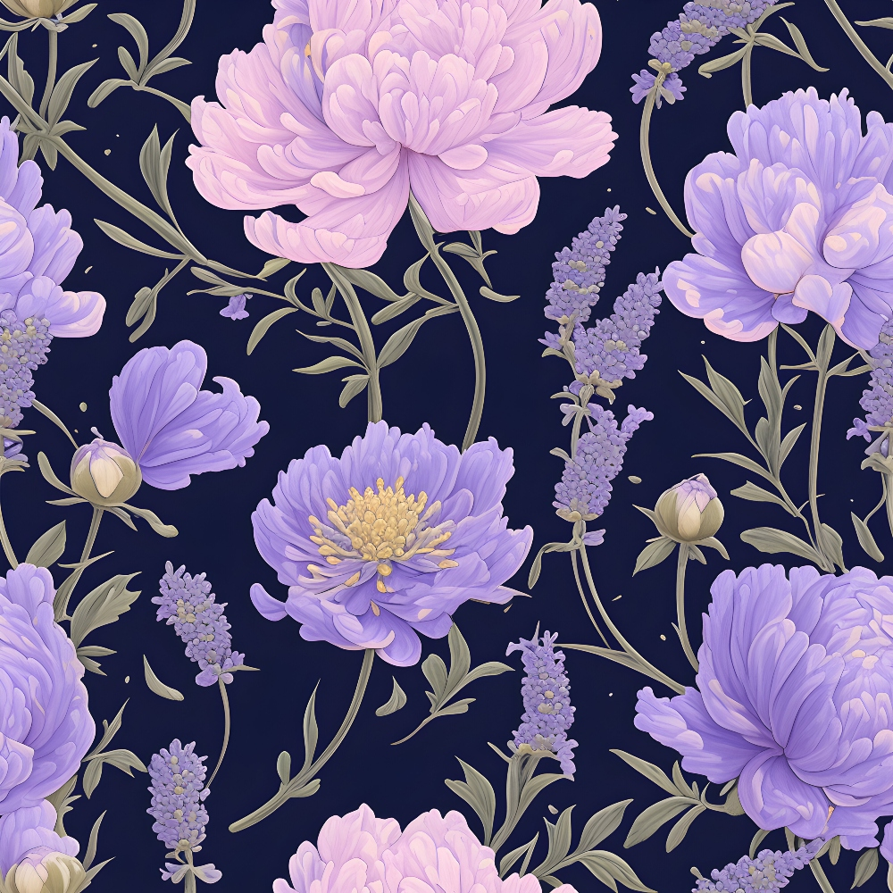 Pattern of pink and purple flowers with green leaves on a dark blue background.