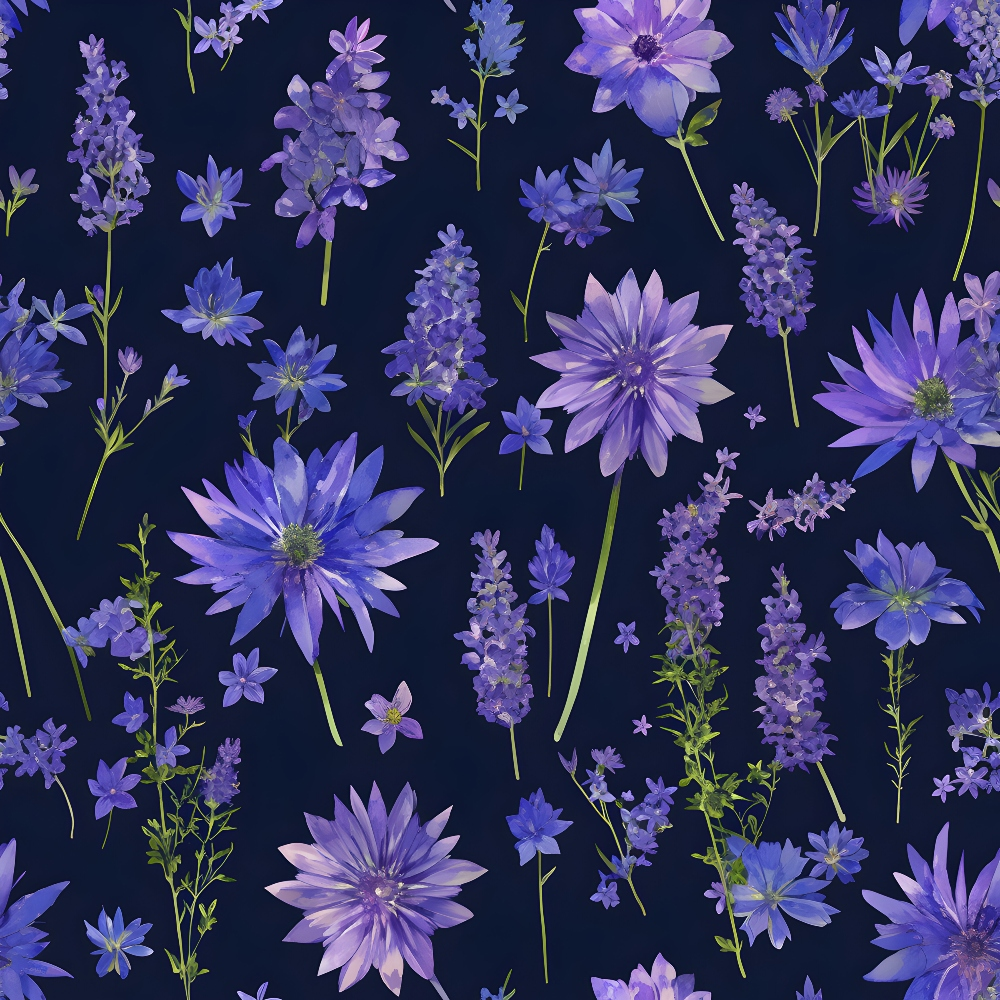 Pattern of various purple flowers and green stems arranged on a dark blue background.