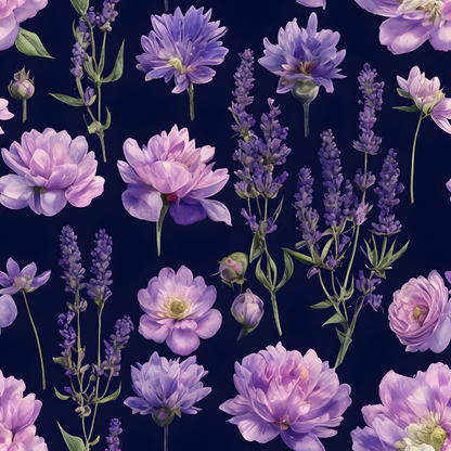 A pattern of various lavender and purple flowers, including chrysanthemums and roses, on a dark blue background.