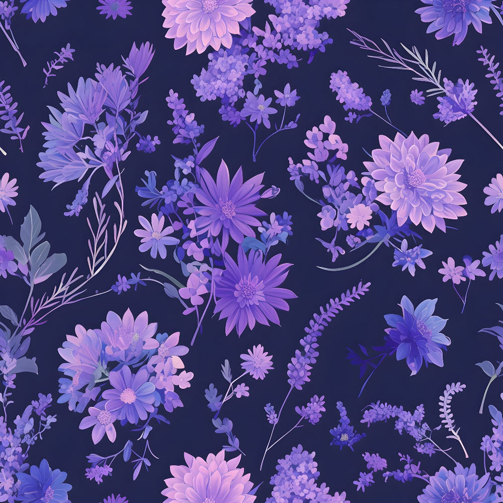 Illustration of various purple flowers and leaves on a dark blue background, featuring different floral shapes and sizes, arranged in a seamless pattern.