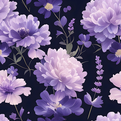 A pattern of purple and lavender flowers with green stems and leaves on a dark background.