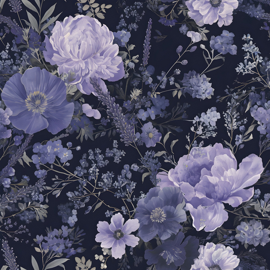 A pattern of various purple flowers and green leaves on a dark background, creating a floral design.