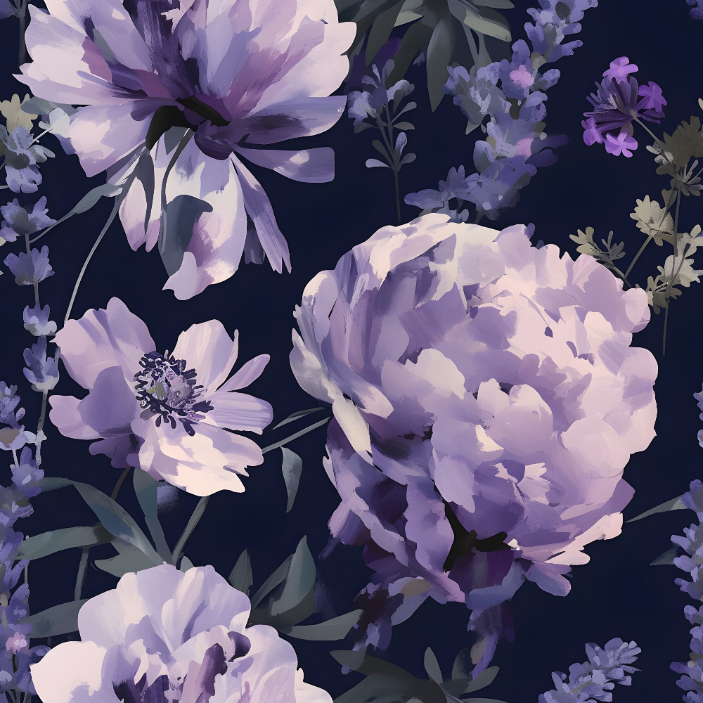 Illustrated purple and white flowers with green leaves on a dark background.