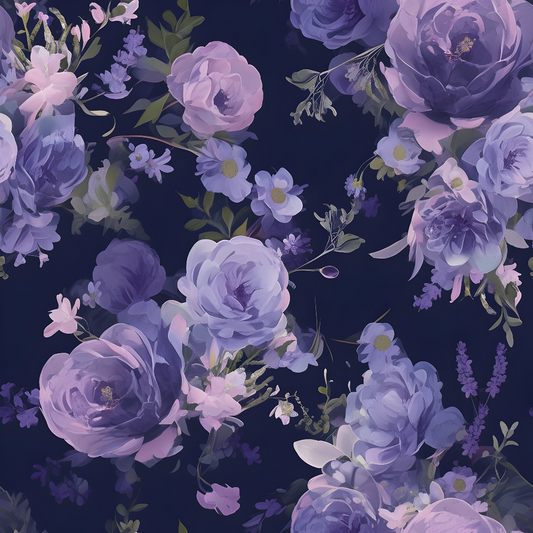 Floral pattern featuring purple and pink roses with green leaves on a dark background.