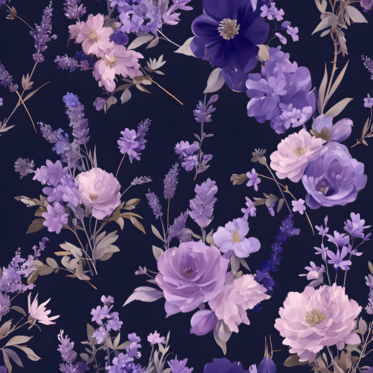 Floral pattern with purple and pink flowers, including roses and lavender, on a dark blue background.