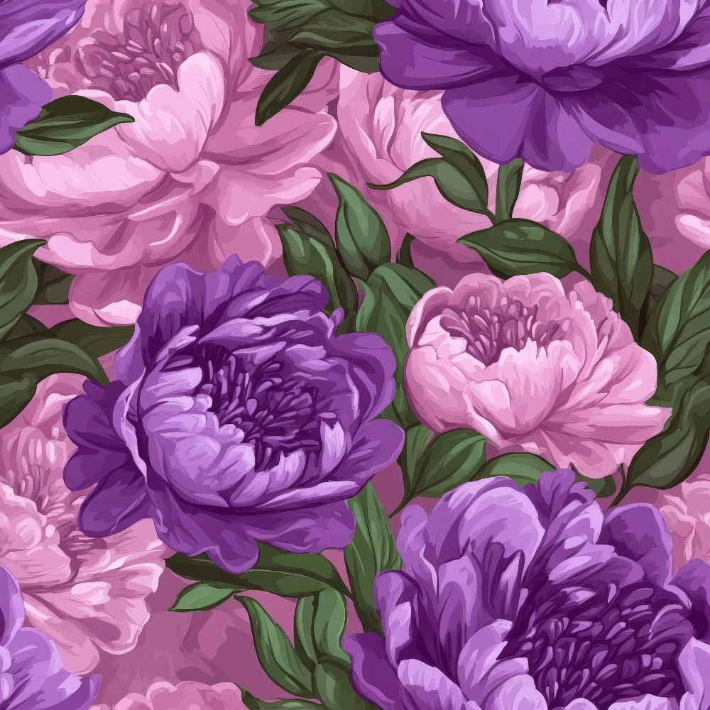 Illustration of violet and pink peonies with green leaves.