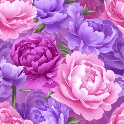 Floral pattern featuring large, detailed pink and purple flowers with green leaves on a purple background.