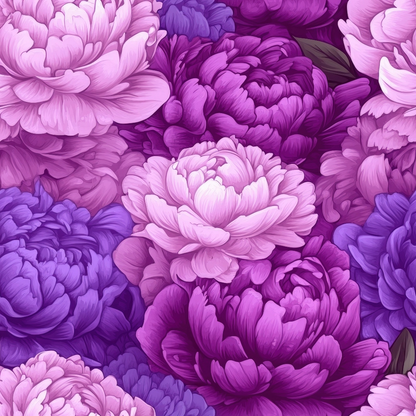 A vibrant floral pattern featuring large peonies in shades of pink and purple.