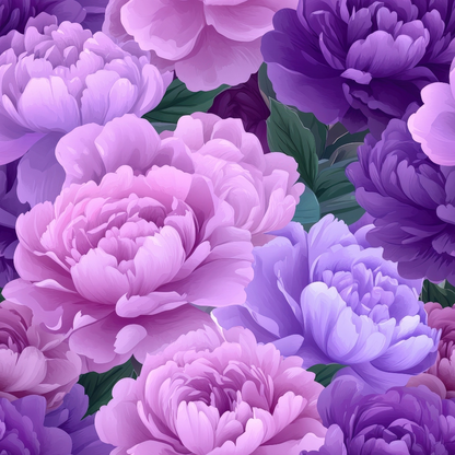 Pink and purple peonies in full bloom with green leaves, forming a dense, colorful pattern.