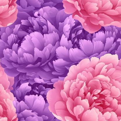 Illustration of overlapping pink and purple peonies with detailed petals.