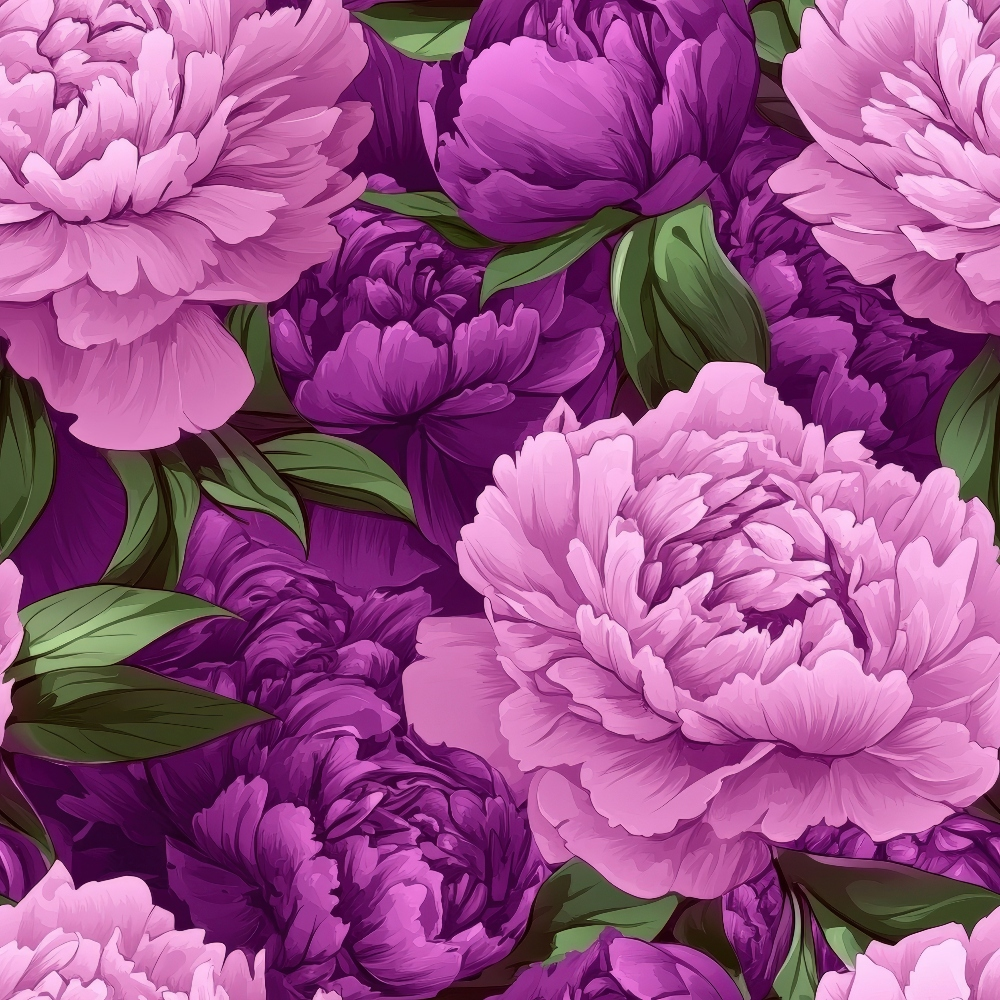 Illustration of pink and purple peonies with green leaves, densely arranged against a matching dark purple background.