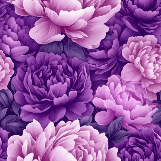 A dense arrangement of purple and pink peonies with dark green leaves fills the image, creating an intricate floral pattern.